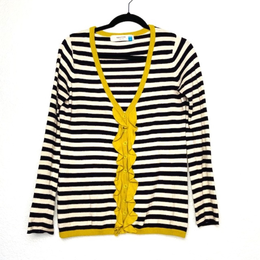 ANTHRO Sparrow Purple White Ruffle Button Cardigan
